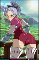 1girl absurdres artist_name ass blush cameltoe female_focus hair_ornament highres jericho_(nanatsu_no_taizai) looking_back nanatsu_no_taizai outdoors parted_lips ponytail purple_hair sirwogdog solo yellow_eyes