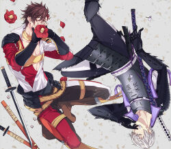 2boys armor brown_hair covered_mouth dice fingerless_gloves flower foot_out_of_frame gloves green_eyes grey_background hair_between_eyes ishida_mitsunari_(sengoku_basara) japanese_armor jinbaori katana leg_up looking_at_viewer male_focus multicolored_hair multiple_boys orange_eyes pectorals red_hair rotational_symmetry sara666 scabbard sengoku_basara sheath sheathed shima_sakon_(sengoku_basara) sword two-tone_hair weapon white_hair