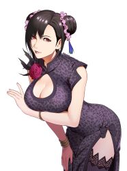 absurdres animal_print arm_under_breasts black_feathers black_hair bracelet braid breasts china_dress chinese_clothes cleavage_cutout closed_mouth clothing_cutout cowboy_shot dress dress_flower feathers final_fantasy final_fantasy_vii final_fantasy_vii_remake fishnet_thighhighs fishnets flower hair_between_eyes hair_ornament highres igusaharu jewelry large_breasts leaning_forward leopard_print looking_at_viewer official_alternate_costume pelvic_curtain print_dress red_eyes red_flower red_rose rose tassel tassel_hair_ornament thighhighs tifa_lockhart tifa_lockhart_(sporty_dress) twin_braids twitter_username white_background