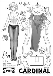 1girl acrylic_stand_(object) breasts cardinal_(ragnarok_online) character_name chinese_commentary choker cleavage cleavage_cutout closed_mouth clothing_cutout commentary_request cross cross_choker dress fake_wings frilled_sleeves frills full_body greyscale long_sleeves looking_at_viewer medium_breasts monochrome panties panties_under_pantyhose pantyhose ragnarok_online shoes short_hair simple_background smile solo standing tank_top two-tone_dress underwear unworn_dress wings z.i