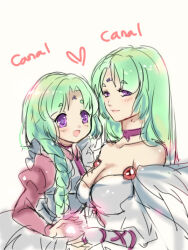 2girls apron aqua_hair bia braid breasts canal_vorfeed cape choker cleavage dress dual_persona facial_mark forehead_mark fur-trimmed_cape fur_trim long_hair long_sleeves lost_universe maid_apron multiple_girls pink_dress puffy_long_sleeves puffy_sleeves purple_eyes smile twin_braids vorfeed white_dress