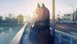 1girl animal_ears bag blue_coat blue_eyes blue_jacket blurry blurry_background blush bridge building city cityscape coat day depth_of_field ear_covers enpera green_scarf hair_ornament hairband highres hime_cut horse_girl jacket lamppost lens_flare long_hair long_sleeves looking_up orange_hair outdoors parted_lips plaid_clothes plaid_scarf profile railing scarf seikatsu silence_suzuka_(umamusume) sky sunrise umamusume upper_body water white_hairband
