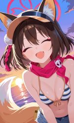 Rule 34 | 1girl, absurdres, animal ears, bare shoulders, bikini, blue archive, blue bikini, breasts, cleavage, closed eyes, commentary, double-parted bangs, eyeliner, fang, fox ears, fox girl, fox tail, halo, highres, izuna (blue archive), izuna (swimsuit) (blue archive), knight1208, makeup, medium breasts, medium hair, midriff, navel, open fly, pink halo, pink scarf, scarf, short shorts, shorts, smile, striped bikini, striped clothes, sunset, swimsuit, tail, visor cap