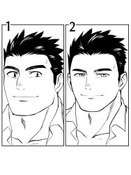 Rule 34 | 1boy, alternate design, bara, chiseled face, highres, male focus, medium sideburns, muscular, muscular male, protagonist 3 (housamo), satou shouhei, seductive smile, short hair, smile, smirk, split screen, tareme, thick eyebrows, thick neck, tokyo houkago summoners, tsurime