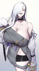 Rule 34 | 1girl, absurdres, bare shoulders, blue lips, breasts, choker, cleavage, collarbone, dress, earrings, eyeliner, fate/grand order, fate (series), grey dress, hair over one eye, highres, hoop earrings, huge breasts, jacket, jewelry, long hair, long sleeves, looking at viewer, makeup, mature female, off shoulder, mrs. snake (fate), open mouth, shiroshisu, smile, solo, sweater, sweater dress, tassel, white hair, white jacket, yellow eyes