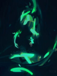 Rule 34 | 4others, dark, dkaism, dress, floating, full body, glowing, light particles, limited palette, multiple others, neon lights, original, outstretched arms, painterly, swimming, underwater, whale, white dress, white hair