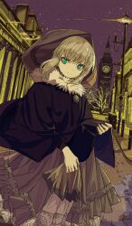 1girl ben-day_dots black_capelet capelet city clock clock_tower cogecha commentary cowboy_shot diffraction_spikes dress dutch_angle elizabeth_tower fate/grand_order fate_(series) footprints frilled_dress frills fur-trimmed_capelet fur_trim gray_(fate) green_eyes grey_dress grey_hair grey_hood handkerchief holding holding_handkerchief hood hood_up lamppost limited_palette looking_at_viewer lord_el-melloi_ii_case_files night official_art outdoors purple_sky road screentones short_hair sidelocks sky snowing solo street third-party_source tower