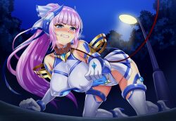 1girl all_fours angry animal_collar bare_shoulders blue_eyes blunt_bangs blush boots bow breasts bush clenched_teeth collar covered_erect_nipples covered_navel crawling elbow_gloves element_venus embarrassed exhibitionism gem gloves groin hair_ribbon headgear high_heel_boots high_heels high_ponytail highres horns impossible_clothes impossible_leotard kisaragi_nozomi lamppost large_breasts leash leash_pull leotard long_hair magical_girl night night_sky nose_blush outdoors park paw_pose pet_play pink_hair pleated_skirt ponytail public_indecency purple_hair ribbon shinsou_seiki_elementia shiny_clothes shiny_skin sidelocks sirano skin_tight skirt sky solo teeth thigh_boots thighhighs tree very_long_hair viewer_holding_leash white_gloves white_leotard white_thighhighs