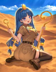 1girl :d absurdres ass belt black_thighhighs blue_eyes blue_hair blue_nails blue_sky breasts brown_shirt brown_shorts buttons cloud collared_shirt commentary_request day desert earrings facial_mark fang from_behind full_body gold gold_buckle gold_hairband hairband highres holding holding_scepter jewelry key_earrings large_breasts lips long_hair looking_at_viewer looking_back mark_under_both_eyes michigami_nareko open_mouth outdoors qiu_ju revision sand sand_dune scepter shirt short_sleeves shorts sitting sky smile solo sphere_hair_ornament thighhighs touhou triangle triangle_facial_mark usekh_collar wariza