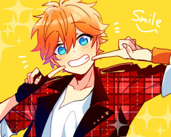 Rule 34 | 1boy, akehoshi subaru, blue eyes, blush, english text, ensemble stars!, fingerless gloves, gloves, hair between eyes, index fingers raised, jacket, looking at viewer, male focus, open clothes, open jacket, orange hair, plaid clothes, plaid jacket, pointing, pointing at self, red jacket, short hair, single fingerless glove, smile, solo, upper body, yellow background, zu tonatuyasumi