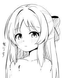 1girl absurdres blush bow closed_mouth collarbone cropped_torso greyscale hair_bow highres idolmaster idolmaster_cinderella_girls long_hair monochrome nude simple_background solo tachibana_arisu takasuma_hiro translation_request upper_body white_background