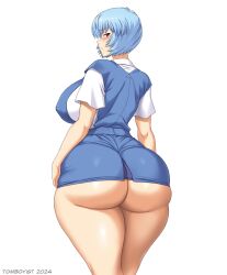 Rule 34 | 1girl, ass, ayanami rei, blue hair, blue skirt, breasts, highres, microskirt, neck ribbon, neon genesis evangelion, red eyes, red ribbon, ribbon, school uniform, shirt, short hair, short sleeves, simple background, skirt, solo, suspender skirt, suspenders, thick thighs, thighs, tokyo-3 middle school uniform, tomboyist, white background, white shirt