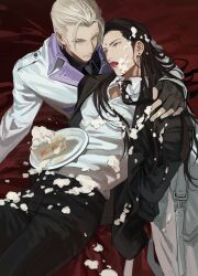 2boys absurdres arm_around_shoulder bindi black_gloves black_hair black_jacket black_necktie black_pants black_shirt blonde_hair blue_eyes brown_eyes cake closed_mouth coat collared_shirt earrings final_fantasy final_fantasy_vii final_fantasy_vii_remake fingerless_gloves food food_on_body food_on_face food_on_hair food_on_head gloves grey_necktie hair_pulled_back hair_slicked_back half_updo highres jacket jewelry long_hair long_sleeves multiple_boys necktie object_on_head open_mouth pants rufus_shinra shirt short_hair shou_rou sidelocks square_enix suit_jacket tseng white_coat white_shirt yaoi