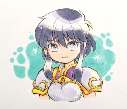1girl aqua_background armor black_hair breastplate chika_1 closed_mouth cropped_torso fire_emblem fire_emblem:_genealogy_of_the_holy_war grey_eyes hair_between_eyes high_collar highres larcei_(fire_emblem) looking_at_viewer nintendo pauldrons purple_tunic short_hair short_hair_with_long_locks short_sleeves shoulder_armor sidelocks smile solo sparkle tunic twitter_username white_background