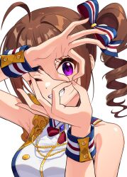 Rule 34 | 1girl, ahoge, bare shoulders, blue ribbon, brown hair, commentary request, create festival (idolmaster), drill hair, grin, hair ribbon, highres, idolmaster, idolmaster million live!, idolmaster million live! theater days, kamille (vcx68), looking at viewer, one eye closed, purple eyes, ribbon, shirt, side ponytail, simple background, sleeveless, sleeveless shirt, smile, solo, striped ribbon, upper body, white background, white shirt, yokoyama nao
