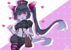 1girl absurdres bag black_hair black_shirt breasts brown_bag chrome_(mon-musu_quest!) colored_skin crop_top cross demon_girl dhy-232 glowing_horns hat heart highres horizontal-striped_thighhighs horns knee_up long_hair looking_at_viewer mon-musu_quest! multicolored_horns navel nurse_cap open_mouth pink_eyes pink_horns pink_thighhighs puffy_short_sleeves puffy_sleeves purple_horns purple_skin purple_thighhighs red_cross ringed_eyes shirt short_sleeves shorts shoulder_bag small_breasts stomach striped_clothes striped_thighhighs suspender_shorts suspenders thighhighs twintails two-tone_horns very_long_hair