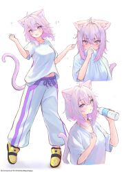 1girl ahoge animal_ears bottle cat_ears cat_tail highres hololive nekomata_okayu pants purple_eyes purple_hair shirt sweat tail takaya_naru virtual_youtuber water_bottle white_background white_pants white_shirt wiping_face