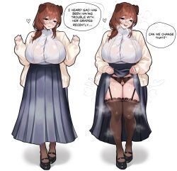 Rule 34 | 1girl, absurdres, adramallih, animal ears, black eyes, black garter straps, black panties, black shoes, black thighhighs, blue shirt, body freckles, bra, bra visible through clothes, breasts, brown hair, buttons, cardigan, cleft of venus, clothes lift, commentary, crotchless, crotchless panties, dog ears, dog girl, double-parted bangs, english commentary, english text, fang, female pubic hair, flashing, freckles, full body, garter straps, glasses, hands up, heart, heavy breathing, highres, huge breasts, long hair, long sleeves, looking at viewer, mole, mole under mouth, multiple views, open cardigan, open clothes, open mouth, original, panties, parted lips, pubic hair, pussy, see-through clothes, see-through shirt, shirt, shoes, simple background, skirt, skirt lift, smile, speech bubble, standing, steam, steaming body, sweat, talking, thigh freckles, thighhighs, tight clothes, tight shirt, underwear, white background, white bra, white cardigan, white shirt