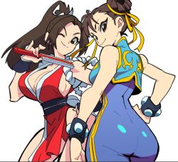 2girls ass bare_shoulders blue_bodysuit bodysuit bracelet breasts brown_eyes brown_hair capcom chun-li cleavage closed_mouth cowboy_shot crossover double_bun fatal_fury hair_bun hair_ribbon hand_fan hand_on_own_hip high_ponytail holding holding_fan jewelry large_breasts long_hair looking_at_viewer looking_back multiple_girls one_eye_closed osa_(osavocaloid) parted_bangs pelvic_curtain ponytail ribbon rope sash shiranui_mai sideboob smile snk street_fighter street_fighter_zero_(series) the_king_of_fighters white_background yellow_ribbon