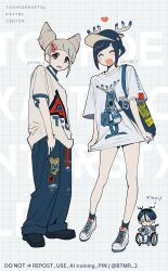 1boy 2girls :d alternate_costume antlers bag baseball_cap black_hair black_shoes blue_pants blush btmr_game chibi closed_eyes clothes_pull commentary cone_hair_bun copyright_name double_bun fukurai_azami full_body grey_hair hair_bun hand_in_pocket hat heart horns looking_at_viewer meguriya_ayumu multiple_girls no_pants open_mouth pants print_shirt reindeer_antlers reindeer_print shirt shirt_pull shoes short_hair short_sleeves shoulder_bag smile sneakers standing symbol-only_commentary t-shirt tomarigi_yasumi toshi_densetsu_kaitai_center toshikai-kun white_shoes