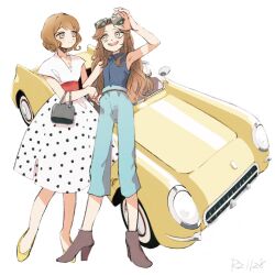 Rule 34 | 2girls, adjusting eyewear, ariura kanna, armpits, bag, black shirt, blue pants, boots, breasts, brown eyes, brown footwear, brown hair, car, cleavage, closed mouth, collared shirt, commentary request, convertible, elbow carry, eye contact, eyewear on head, full body, handbag, high heel boots, high heels, highres, holding another&#039;s arm, idolmaster, idolmaster cinderella girls, imay3927, long hair, looking at another, motor vehicle, multiple girls, nagatomi hasumi, pants, polka dot, polka dot skirt, shirt, shirt tucked in, shoes, simple background, skirt, sleeveless, sleeveless shirt, small breasts, smile, standing, sunglasses, white background, white shirt, white skirt, yellow eyes, yellow shoes