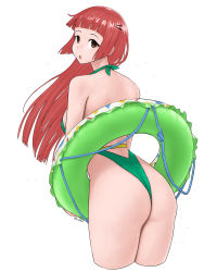 Rule 34 | 1girl, absurdres, aki-chan (dismaiden), ass, blunt bangs, blunt ends, breasts, brown eyes, cowboy shot, cropped legs, dismaiden, from behind, green one-piece swimsuit, hair ornament, hairclip, halterneck, highleg, highleg one-piece swimsuit, highres, innertube, large breasts, looking back, one-piece swimsuit, one-piece thong, original, red hair, solo, swim ring, swimsuit, thong swimsuit