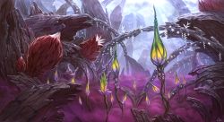 branch bud cloud commentary fantasy flower fog glowing light_particles no_humans original ox_(baallore) red_flower scenery tree tree_bark