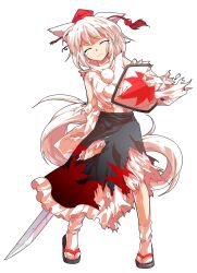 1girl alphes_(style) animal_ears broken broken_weapon closed_eyes closed_mouth commentary_request dairi defeat detached_sleeves full_body hat highres holding holding_shield holding_sword holding_weapon inubashiri_momiji katana large_variant_set leaf_print long_skirt maple_leaf_print messy_hair parody pom_pom_(clothes) sandals shield skirt solo standing straight-on style_parody sword tachi-e tail tearing_up tokin_hat torn_clothes torn_skirt touhou transparent_background variant_set weapon white_hair white_tail wolf_ears wolf_girl wolf_tail
