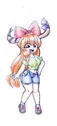 1girl absurdres ankle_bow ankle_ribbon black_eyes bow breasts brown_hair brown_shoes denim denim_shorts dot_nose fang green_shirt hair_bow hand_on_own_hip highres horns ibuki_suika leg_ribbon long_hair medium_breasts midriff navel open_mouth orange_hair pocket red_bow ribbon scan scan_artifacts shirt shoes short_sleeves shorts simple_background smile socks solo thatartistann touhou traditional_media white_background white_socks
