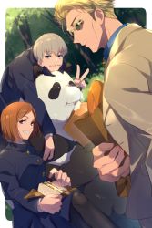 1girl 2boys animal bag black_jacket black_skirt blonde_hair blue_shirt bread brown_eyes brown_hair chewing closed_mouth cowboy_shot eating echo_(circa) facial_tattoo food formal_clothes gakuran grin holding holding_bag inumaki_toge jacket jujutsu_kaisen kugisaki_nobara long_sleeves looking_at_viewer male_focus multiple_boys nanami_kento panda panda_(jujutsu_kaisen) pantyhose round_eyewear sandwich school_uniform shirt short_hair silver_hair sitting skirt smile standing suit sunglasses swept_bangs tattoo yellow_jacket