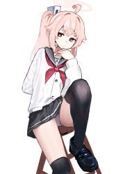 1girl absurdres ahoge arm_behind_back black_shoes black_skirt black_thighhighs blue_archive cardigan closed_mouth halo highres knee_up ladder long_hair long_sleeves looking_at_viewer natsu_(blue_archive) neckerchief panties pink_hair pink_halo red_eyes red_neckerchief remise shoes simple_background sitting skirt solo stepladder thighhighs underwear white_background white_cardigan white_panties