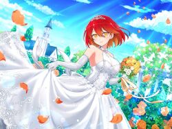 1girl bare_shoulders blue_sky blush bouquet breasts bride center_frills choker church cleavage closed_mouth clothes_lift column cross day dress elbow_gloves falling_petals female_focus floral_print_dress flower frills garden gazebo gem gloves gradient_hair hair_between_eyes holding holding_bouquet jewelry kureha_(senran_kagura) lace lace-trimmed_dress lace-trimmed_sleeves lace_trim large_breasts leaf light_particles light_rays looking_at_viewer multicolored_hair official_alternate_costume official_art orange_eyes orange_flower orange_hair orange_petals orange_ribbon orange_rose outdoors petals pillar pink_flower pink_rose plant red_hair ribbon rose senran_kagura senran_kagura_new_link shiny_skin short_hair skirt skirt_hold skirt_lift sky smile solo sparkle standing steeple sunbeam sunlight tiara tower tree wedding_dress white_choker white_dress white_flower white_gloves white_rose window yaegashi_nan yellow_flower yellow_rose
