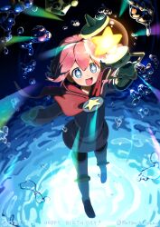 1boy :d absurdres artist_name black_pantyhose blue_eyes blush boots bright_pupils brooch bubble cape coat commentary_request crown dated dot_nose full_body gold_crown hair_between_eyes happy happy_birthday highres holding holding_lantern jewelry lantern long_sleeves looking_at_viewer male_focus mini_crown mittens motimoti_mgmg multicolored_boots multicolored_coat ocean_prince open_mouth outstretched_arms pantyhose pink_boots pink_coat pink_hair puyopuyo puyopuyo_fever red_cape salde_canarl_shellbrick_iii short_hair smile solo star-shaped_pupils star_(symbol) star_brooch symbol-shaped_pupils thigh_boots twitter_username two-tone_coat unworn_crown water white_boots white_coat yellow_mittens