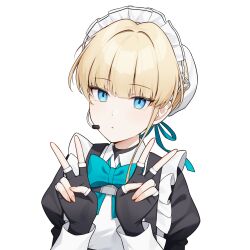 1girl apron aqua_bow aqua_bowtie aqua_ribbon black_dress blonde_hair blue_archive blue_eyes blunt_bangs bow bowtie braid bun_cover chest_harness chinese_commentary collared_dress commentary_request double_v dress expressionless frilled_apron frills hair_bun hair_intakes hair_ribbon half_up_braid hands_up harness highres juliet_sleeves long_sleeves looking_at_viewer maid maid_apron maid_headdress puffy_sleeves ribbon short_hair solo toki_(blue_archive) upper_body v white_apron white_background xiangmaofaqijuedou