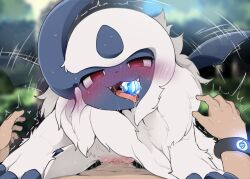 1boy 1girl absol bestiality body_fur cowgirl_position dagasi gen_3_pokemon girl_on_top highres looking_at_viewer motion_lines mouth_hold nintendo open_mouth pokemon pokemon_(creature) pokephilia pov red_eyes saliva sex smile straddling tail tail_wagging tongue tongue_out uncensored
