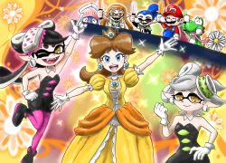 2boys 4girls arms_up black_hair brown_hair callie_(splatoon) creatures_(company) crown dress earrings fangs flower flower_earrings game_freak gem gen_6_pokemon gloves grin hand_on_own_hip hands_up happy hat inkay inkling_player_character jewelry leg_up lights looking_at_viewer marie_(splatoon) mario mario_(series) mask multiple_boys multiple_girls nintendo one_eye_closed open_mouth orange_eyes orange_hair pantyhose pokemon pokemon_(creature) princess_daisy short_hair skirt smile splatoon_(series) super_mario_land super_smash_bros. tentacle_hair tongue white_gloves white_hair wink yellow_dress yoshi