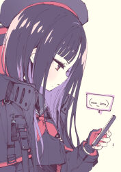 Rule 34 | 1girl, asymmetrical bangs, beret, black gloves, black hair, black headwear, black jacket, black leotard, black serafuku, cellphone, collared leotard, colored inner hair, eunhwa (nikke), fingerless gloves, fummy, gloves, goddess of victory: nikke, hat, highres, holding, holding phone, hood, hood down, hooded jacket, jacket, leotard, light blush, long hair, looking at phone, mole, mole under mouth, multicolored hair, neckerchief, phone, purple eyes, purple hair, red jacket, red neckerchief, school uniform, serafuku, smartphone, solo, two-sided fabric, two-sided jacket
