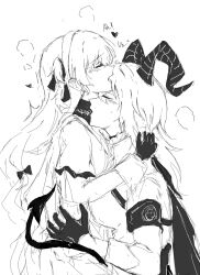 Rule 34 | 2girls, blush, closed eyes, collared shirt, commentary, demon tail, dress, english commentary, gloves, greyscale, hair ribbon, hand on another&#039;s waist, heart, highres, horns, long hair, maskstingray21, monochrome, multiple girls, open mouth, phoebe (wuthering waves), ribbon, shirt, tail, wuthering waves, yuri, zani (wuthering waves)