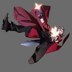 1boy absurdres black_pants coat dante_(devil_may_cry) devil_may_cry_(netflix) devil_may_cry_(series) fingerless_gloves firing gloves grey_background grin gun handgun highres holding holding_gun holding_weapon il_kwang_kim male_focus official_art pants rebellion_(sword) red_coat simple_background smile sword sword_on_back weapon weapon_on_back white_hair