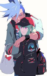 2boys androgynous arm_on_another&#039;s_shoulder arm_rest backpack bag blue_hair bracelet closed_eyes galo_thymos green_hair grin hair_bun hair_ornament hairclip hand_in_pocket height_difference highres hood hoodie jewelry km_(ksolee1201) light_smile lio_fotia male_focus mohawk multiple_boys pink_eyes plastic_bag promare shirt short_hair simple_background single_hair_bun smile visor_cap white_background