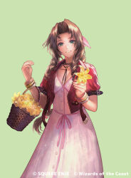 1girl aerith_gainsborough bangle bracelet braid braided_ponytail breasts brown_hair buttons choker collarbone cowboy_shot cropped_jacket dress final_fantasy final_fantasy_vii final_fantasy_vii_remake flower flower_basket flower_choker green_background green_eyes hair_ribbon holding holding_flower jacket jewelry lily_(flower) looking_at_viewer magic:_the_gathering medium_breasts official_alternate_costume parted_bangs parted_lips pink_dress pink_ribbon puffy_short_sleeves puffy_sleeves red_jacket ribbon short_sleeves shutsuri sidelocks single_braid smile solo square_enix teeth yellow_flower