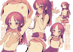1boy 1girl blush camisole clothes_lift commentary_request commission embarrassed flat_chest grabbing_another&#039;s_breast groping highres idolmaster idolmaster_cinderella_girls jacket loli long_hair medical_examination monochrome nipples sepia shorts sitting skeb_commission solo_focus stethoscope tachibana_arisu track_jacket ukokkei
