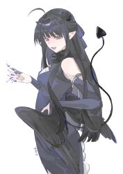 1girl ahoge artist_name awa_subaru black_dress black_hair claws commentary demon_horns demon_tail detached_sleeves dress evenf fang feathered_wings girls_band_cry hand_on_own_hip highres horns long_hair looking_at_viewer low_wings magic open_mouth pointy_ears purple_eyes simple_background smile solo tail white_background wings