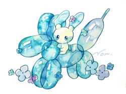 animal_focus balloon balloon_animal blue_eyes flower gen_3_pokemon highres minun nintendo no_humans non_(kumakawayusu) pokemon pokemon_(creature) simple_background solo traditional_media white_background