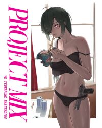1girl absurdres black_camisole black_panties breasts cameltoe camisole can chopsticks commentary copyright_name cowboy_shot eating english_commentary eyepatch female_pubic_hair green_hair gun handgun handgun_cartridge highres holding holding_chopsticks looking_at_viewer navel nissin_cup_noodle panties parted_lips pink_eyes project_mix prosthesis prosthetic_arm pubic_hair pubic_hair_peek puto_trash single_off_shoulder solo tokarev_tt-33 underwear valencia_(project_mix) weapon wet