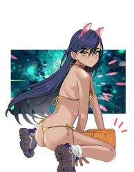 1girl absurdres animal_ears ass bikini black_hair cat_ears conch_(gundam) fake_animal_ears gold_bikini gundam gundam_gquuuuuux highres long_hair looking_at_viewer nyaan_(gundam_gquuuuuux) shoes simple_background sneakers solo sweatdrop swimsuit tsu.toxine white_background yellow_eyes