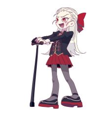 1girl :d aged_down akagi:_yami_ni_oritatta_tensai black_gloves black_jacket black_shoes black_vest bow commentary_request fang fingernails fukumoto_mahjong full_body genderswap genderswap_(mtf) gloves grey_pantyhose hair_bow hair_slicked_back hand_on_cane highres jacket juliet_sleeves korean_commentary long_hair long_sleeves looking_afar muuumin open_mouth pantyhose pleated_skirt puffy_sleeves red_bow red_eyes red_skirt shoes simple_background single_glove skirt smile solo standing vest washizu_iwao white_background white_hair
