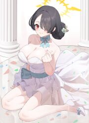 1girl absurdres alternate_costume alternate_hairstyle arm_support bare_shoulders black_hair blue_archive blue_bow blush bow breasts cleavage collarbone commentary_request dress fingernails flower full_body hair_bun hair_flower hair_intakes hair_ornament hair_over_one_eye halo high_heels highres hinata_(blue_archive) korean_commentary kurochomo large_breasts looking_at_viewer mixed-language_commentary off-shoulder_dress off_shoulder pillar red_eyes shoes sitting smile white_dress white_shoes yellow_halo yokozuwari