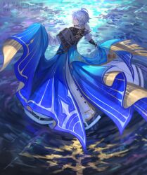 Rule 34 | 1boy, antenna hair, armor, black choker, black shirt, blue cape, blue eyes, cape, choker, coat, highres, honkai: star rail, honkai (series), male focus, neck tattoo, pauldrons, phainon (honkai: star rail), reflection, reflective water, shirt, short hair, shoulder armor, single pauldron, solo, sun symbol, sun tattoo, tan, tanemaki monaka, tattoo, wading, watermark, white coat, white hair