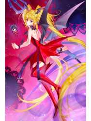 2girls absurdly_long_hair backless_dress backless_outfit bare_shoulders black_collar black_hair black_horns black_tail black_wings blonde_hair boots border bracelet bubble chibi clenched_hand closed_mouth collar crop_top demon_girl demon_horns demon_tail demon_wings detached_collar dress expressionless eyelashes floating full_body hair_ornament hands_on_own_hips high_collar high_heel_boots high_heels highres holding holding_pitchfork horns hoshina_utau il_(shugo_chara!) inhan jewelry lace light_particles long_hair looking_at_viewer looking_back lunatic_charm magical_girl midriff miniskirt multiple_girls pillarboxed pitchfork purple_eyes red_background red_boots red_dress red_eyes red_shirt red_skirt shirt short_dress short_hair shoulder_blades shugo_chara! skirt skirt_set sleeveless sleeveless_dress sparkle tail thigh_boots twintails very_long_hair white_border wing_hair_ornament wings